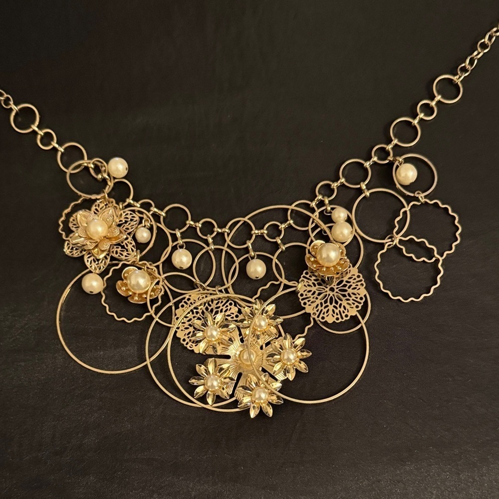 Gold Floral Statement Necklace with Pearl Accents - Picture 2 of 4